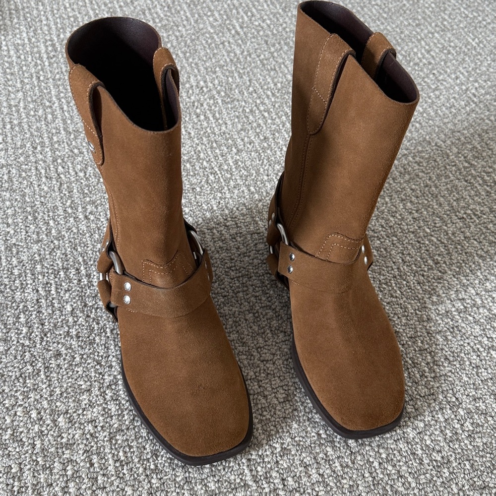 New COACH Tara Moto Suede Leather Tan Boots 5 Shoes - Picture 6 of 17